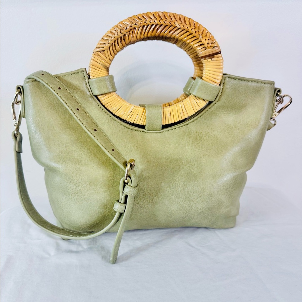 Elegant Olive Tote with Woven Handle and Crossbody Strap